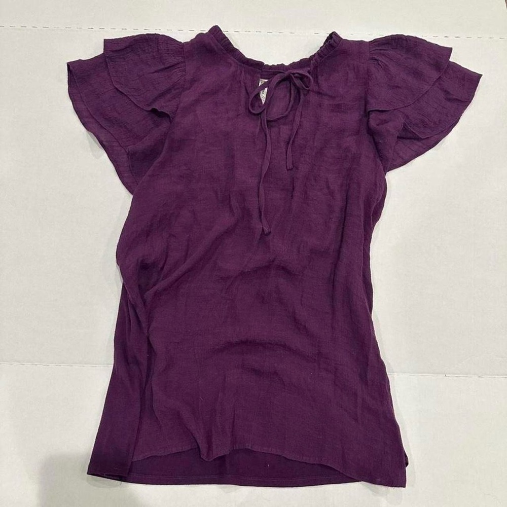 PerSeption Women’s Purple Linen Flutter Sleeve Blouse Tie Neck 2X